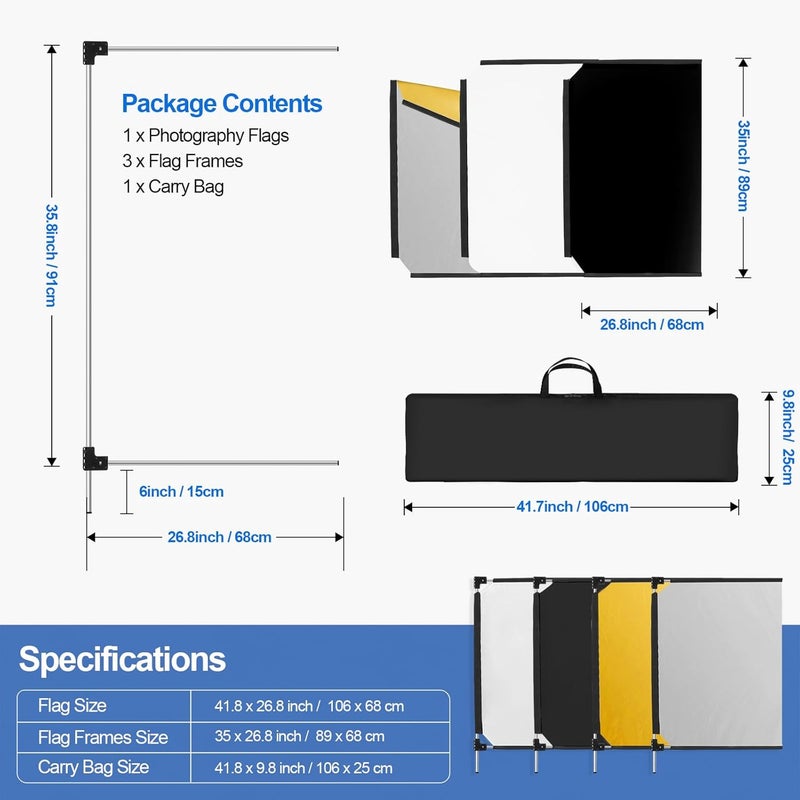 Wellmaking 36x27 Light Reflector Flag, 5-in-1 Portable Collapsible Diffuser for Photo Video Studio Shooting-Silver, Gold, White and Black, Foldable Scrim Flag Kit, Shaper for Diffused & Light Effects - Image 2
